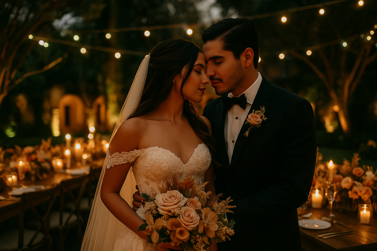 Iluminación LED creando atmósfera romántica durante boda nocturna