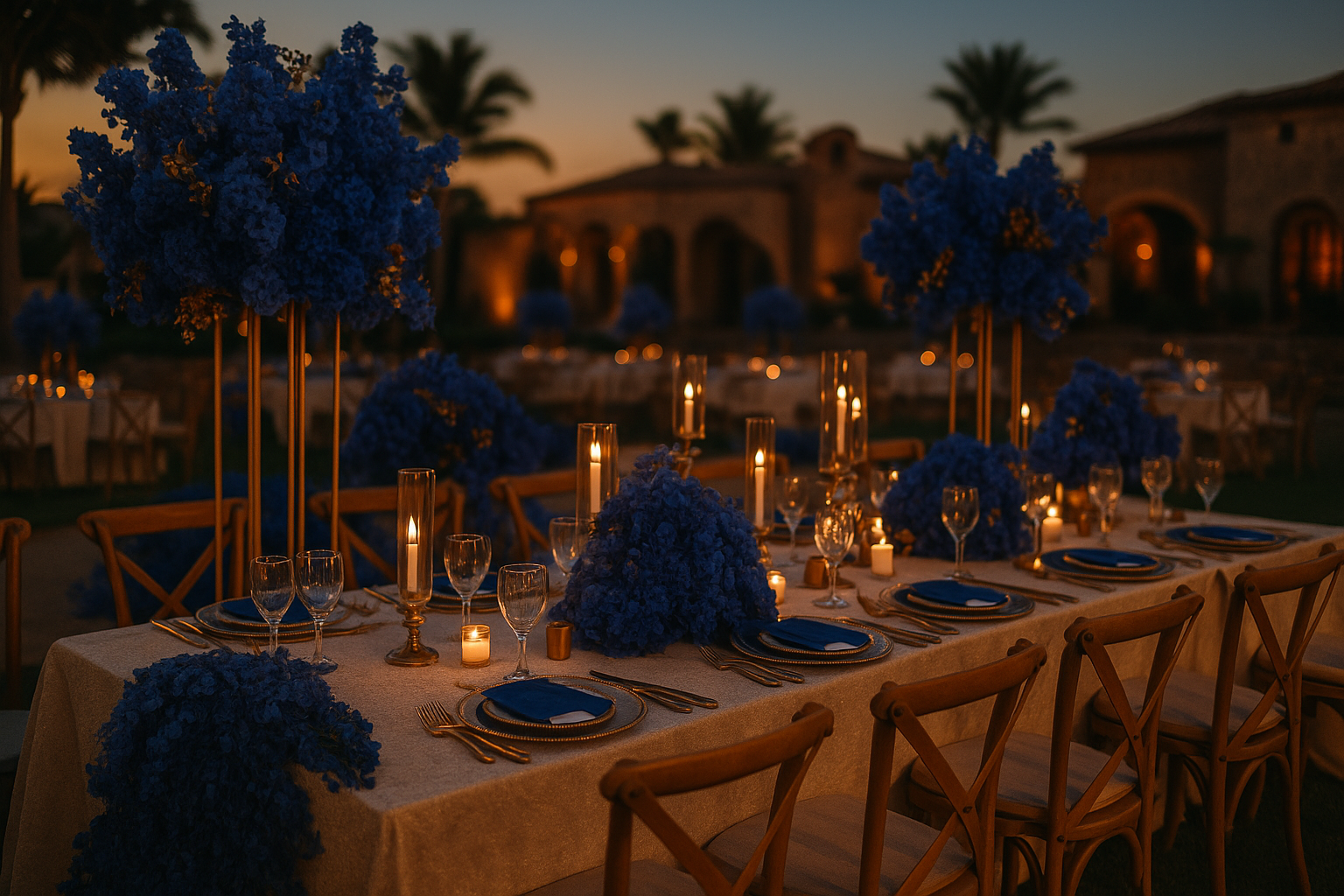 Montaje nupcial con decoraciones florales azules